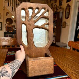 Handmade Vintage Mid-Century Modern Tree Carving Mirrored Wall Caddy